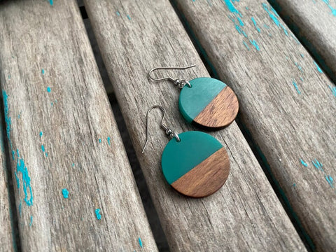 Wood and Teal Green Acrylic Earrings