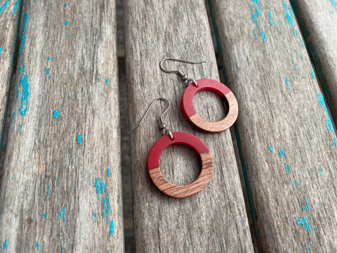 Wood and Red Acrylic Open Circle Earrings