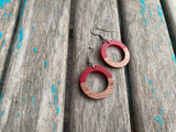 Wood and Red Acrylic Open Circle Earrings