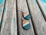 Wood, Green, and Grey Acrylic Earrings- Teardrop-Shaped