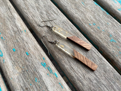Long Wood and Clear with Gold-Flecks Acrylic Earrings