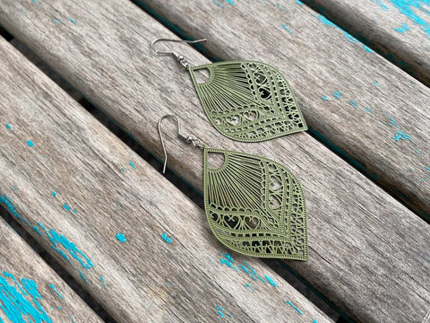 Mossy Green Dangle Earrings: Lightweight Filigree Design