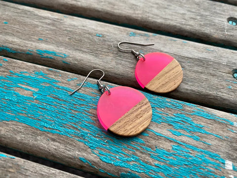 Wood, Neon Pink Acrylic Earrings