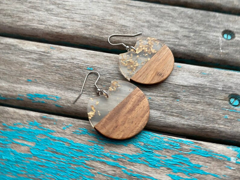 Wood and Clear with Gold Flecks Acrylic Earrings