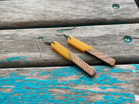 Long Wood and Yellow Acrylic Earrings