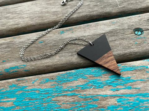 Wood and Black Triangle Pendant Necklace