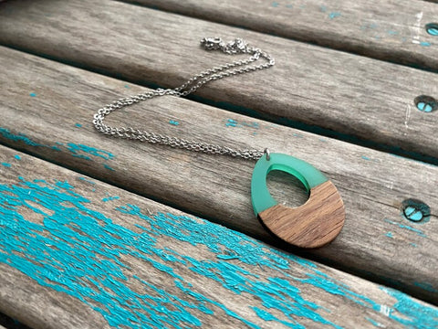Wood and Mint Green OpenTeardrop Pendant Necklace