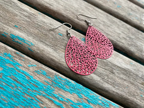 Deep Pink Earrings - Detailed Teardrop- Unique, and Lightweight Earrings
