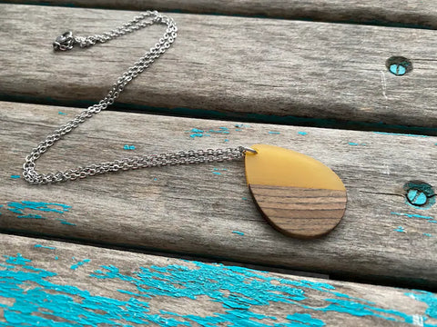 Wood and Yellow Teardrop Pendant Necklace