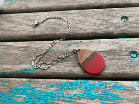 Wood, Red, and Brown Teardrop Pendant Necklace
