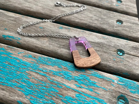 Wood and Purple with Gold Flecks- Trapezoid Pendant Necklace
