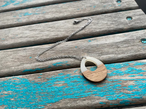 Wood and Creamy White Open Pendant Necklace