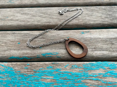 Wood Open Oval/Teardrop Pendant Necklace