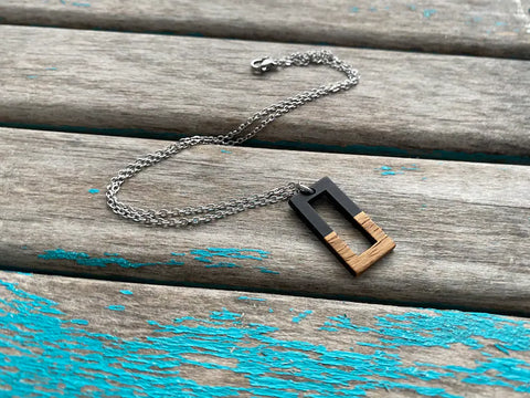Wood and Black Rectangle Pendant Necklace