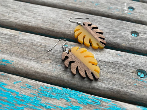 Wood and Yellow Leaf-Shaped Earrings