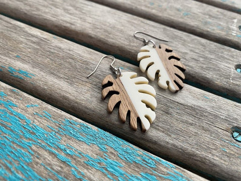 Wood and White Leaf-Shaped Earrings