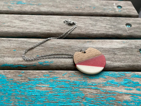 Wood, Red, and White Pendant Necklace