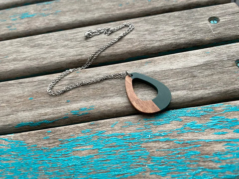 Wood and Green Open Teardrop Pendant Necklace