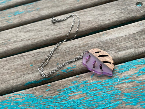 Wood and Purple Leaf Pendant Necklace