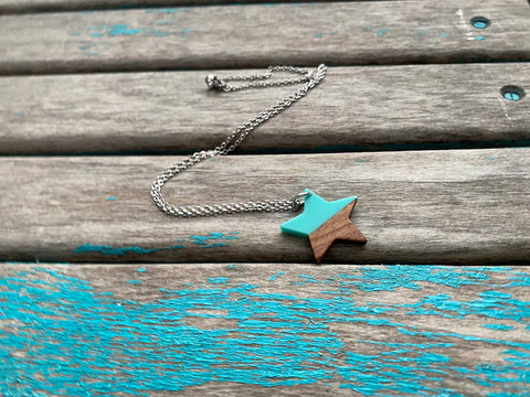 Wood and Turquoise Star Pendant Necklace