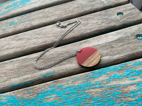 Wood and Red Circle Pendant Necklace