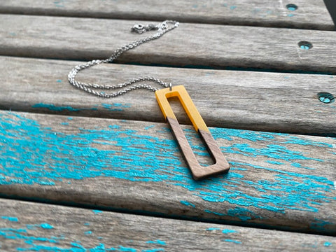 Wood and Yellow - Large Rectangle Pendant Necklace