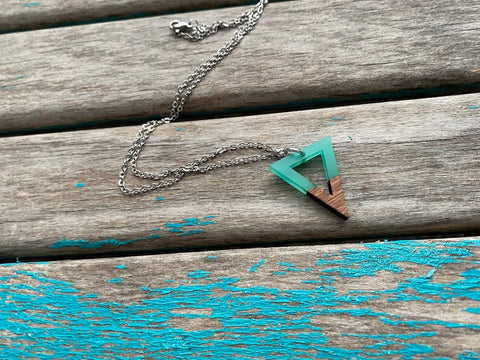 Wood and Mint, Triangle-Shaped Pendant Necklace