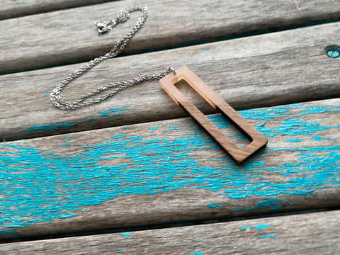 Wood and Pink- Large Rectangle Pendant Necklace