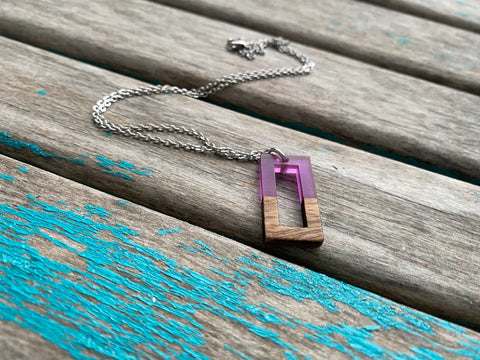 Wood and Purple Rectangle Pendant Necklace