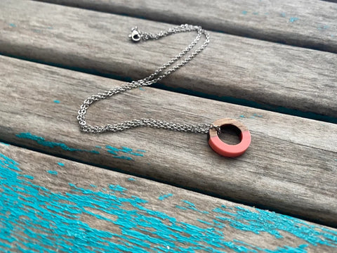 Wood and Pink Small, Ring-Style Pendant Necklace