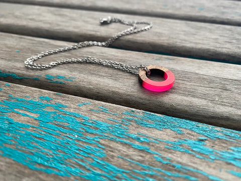 Wood and Hot Pink Small, Ring-Style Pendant Necklace