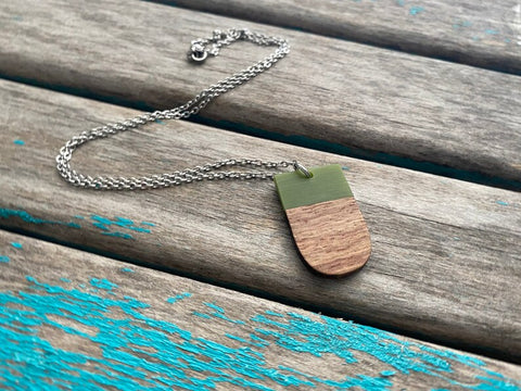 Wood and Sage Green Rounded Rectangle Pendant Necklace