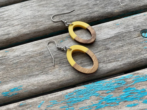 Open Oval Wood and Yellow Acrylic Earrings