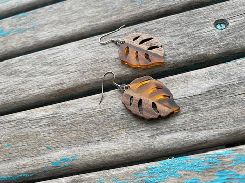 Wood and Marbled Orange Colored Leaf-Shaped Earrings