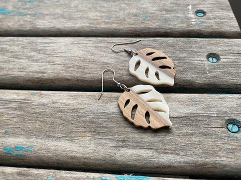 Wood and Creamy White Leaf-Shaped Earrings