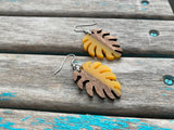 Wood and Yellow Leaf-Shaped Earrings