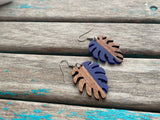 Wood and Blue Leaf-Shaped Earrings