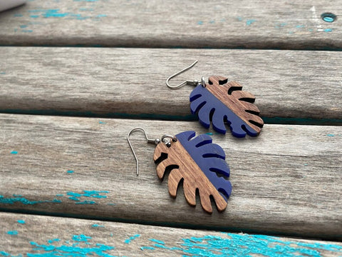 Wood and Blue Leaf-Shaped Earrings