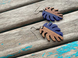 Wood and Blue Leaf-Shaped Earrings