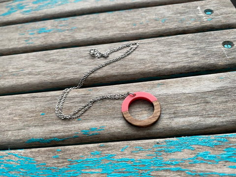 Wood and Pink Ring Drop Pendant Necklace