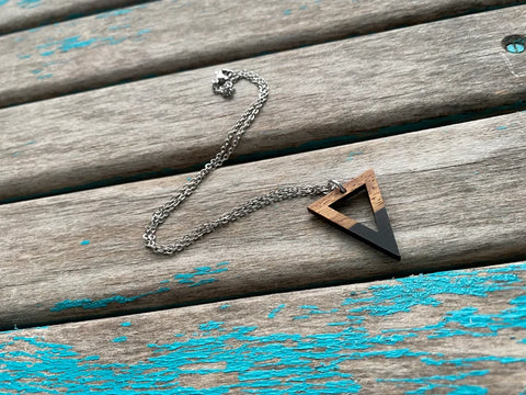 Wood and Black Triangle Pendant Necklace