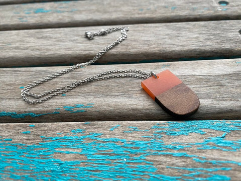 Wood and Orange Rounded-Rectangle Pendant Necklace