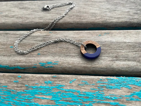 Wood and Blue Small, Ring-Style Pendant Necklace