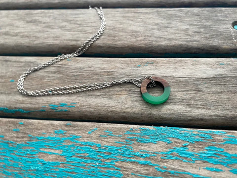 Wood and Green Small, Ring-Style Pendant Necklace