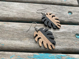 Wood and Black Leaf-Shaped Earrings