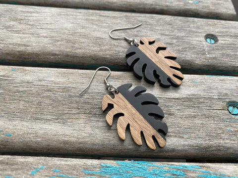 Wood and Black Leaf-Shaped Earrings