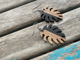 Wood and Black Leaf-Shaped Earrings