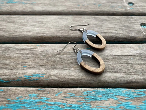 Open Oval Wood and Blue Acrylic Earrings