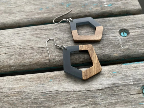 Wood and Grey Acrylic Earrings -Abstract Style