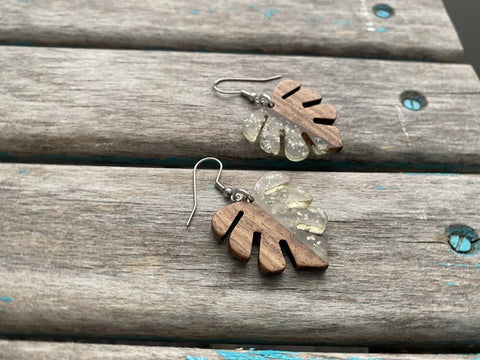 Wood and Clear with Silver Specks- Leaf-Shaped Earrings